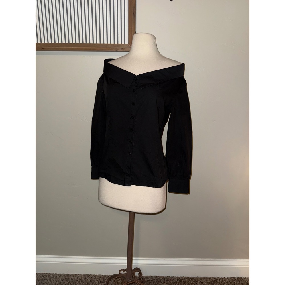 CRESCENT Black Off The Shoulder Button Down Shirt Blouse Top XS‎